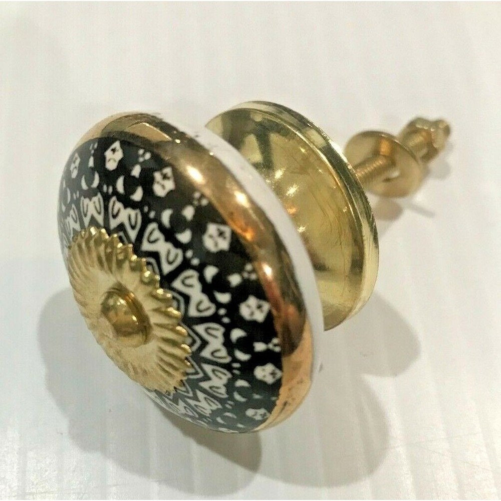6 Handpainted Ceramic Drawer Cabinet Knobs Pulls Mandala Pattern Gold Accents